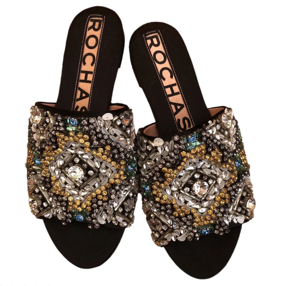 Rochas Black Satin Crystal Embellished Slide